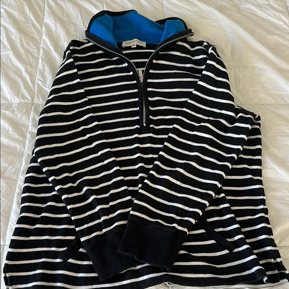 Jones New York Black and White Striped Sweater with Blue Collar